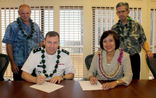 Left to right: Paul Putzulu, State Fusion Center Director; Maj Gen Arthur “Joe” Logan, Adjutant General, Connie Lau, CEO, Hawaiian Electric Industries, Stephen M. McMenamin, HEI Senior Vice President and Chief Information Officer